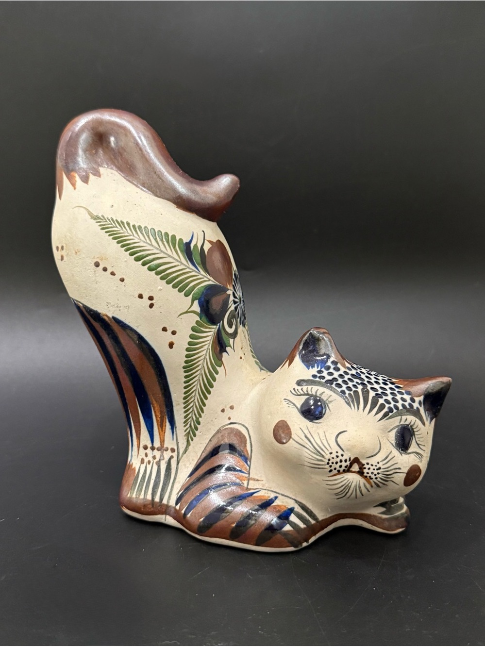 Hand-painted Tonala Mexican Pottery 7” Cat Figurine